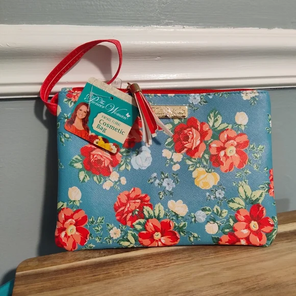 🌺 2022 New Pioneer Woman Vintage Floral Teal Blue & Red Cosmetic Bag - Picture 2 of 4